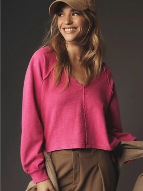 Pilcro Anthropologie Reworked Popover Fuchsia V-Neck Cropped Sweatshirt